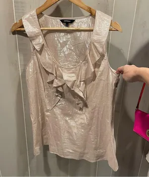 Cute Express pink blush shimmer ruffle collar sleeveless scoop neck flowy top thumbnail 1