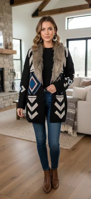 Steel Roses Aztec Cardigan | Faux Fur Collar | Boho Western . thumbnail 1