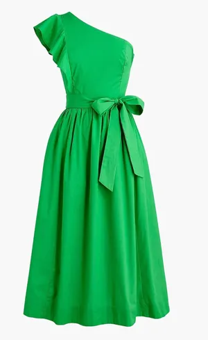 J.Crew One Shoulder Midi Dress A Line Ruffle Pockets Kelly Green US 00 NWT thumbnail 1