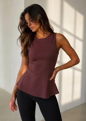 Spanx Brown Peplum Tank Top Small Stretch Athleisure Activewear thumbnail 1