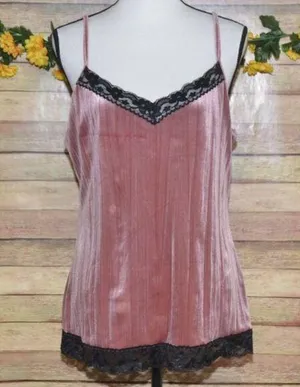 Y2K No Boundaries Ladies XL 15 Rose Pink Velvet Black Lace Baby Doll Tank Top thumbnail 1