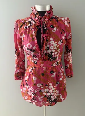 J Crew Top Womens S Pink Floral High Neck Blouse Victorian Ruffles Side Zip thumbnail 1