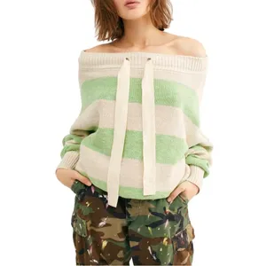 Free People Cassidy Off the Shoulder Pullover‎ Sweater Green Stripe Relaxed thumbnail 8