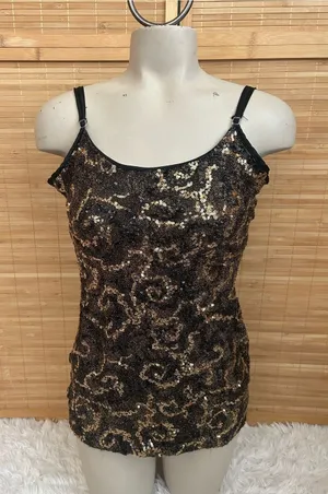 BKE Boutique black gold cami tank top blouse spaghetti straps adjustable M thumbnail 1