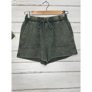 Zenana Acid Wash T-Shirt & Shorts Matching Set Small Dark Green Cotton Lounge thumbnail 7