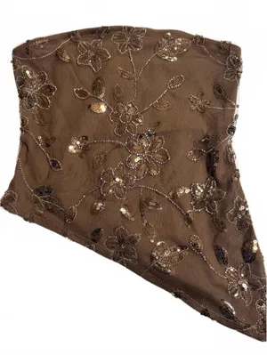 Just Polly Brown Strapless Sequin Floral Embroidered Asymmetrical Top M thumbnail 1
