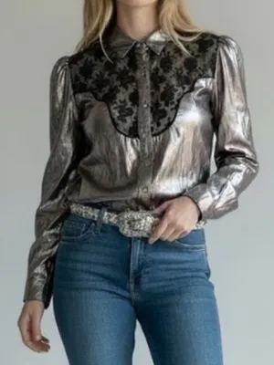 vintage metallic western Glam silver Lume embroidered cowgirl button up shirt thumbnail 1
