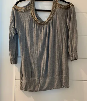 Cache Gray Cold-Shoulder Top with Gold Sequin Trim thumbnail 1