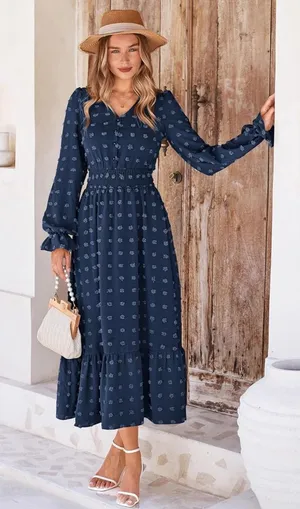 NWT MASCOMODA Navy Swiss Dot Maxi Dress Smocked Waist V-Neck Tiered Size Large thumbnail 1