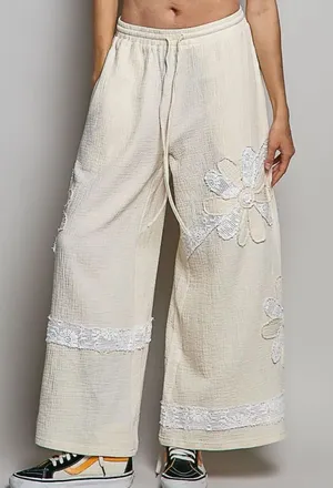 POL Wide Leg Crochet Lace Floral Cream White Elastic Waist Size L 100% Cotton thumbnail 1