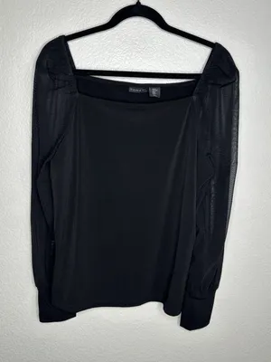 Tahari Blouse Womens XL Black Mesh Long Sleeve Square Neck Sheer Top Elegant thumbnail 1