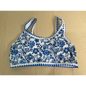 Womens Blue White Floral High Waisted Bikini Set Scallop Trim XL thumbnail 7