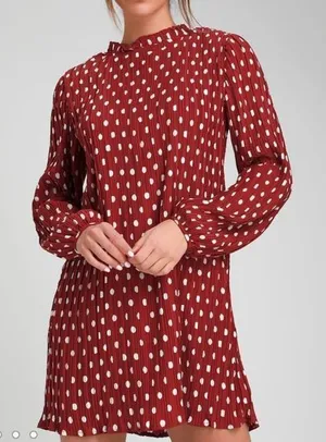 Lulus Pleat to Meet You Wine Red Polka Dot Long Sleeve Shift Dress LARGE‎ thumbnail 1