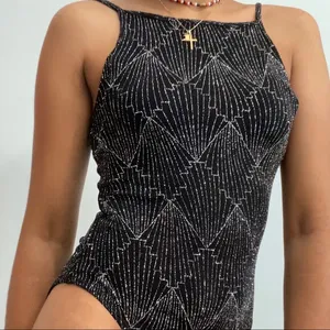 H&M NWT  Divided Bodysuit - Black With Silver Glitter Geometric Print thumbnail 1