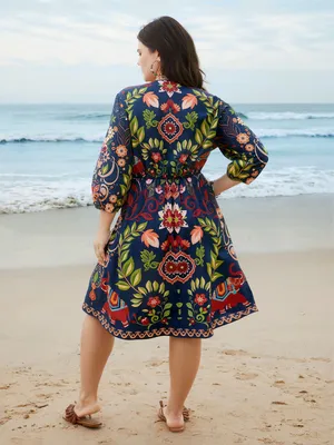 BloomChic Blue Floral Boho Dress V-Neck 3/4 Sleeve Midi Size 10 thumbnail 5