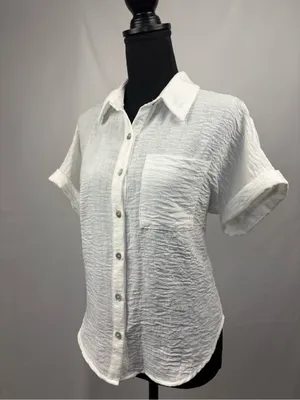 Monteau White Crinkled Short Sleeve Button-Down Shirt Medium thumbnail 3