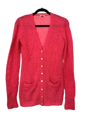 Fossil Mohair Blend Button Front V Neck Cardigan Sweater Womens Medium Pink thumbnail 1
