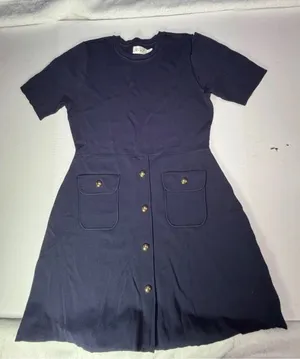 Eliza J Navy Short-Sleeve Dress with Gold Buttons arm hem needs sewn! thumbnail 1