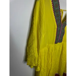 White Mark Yellow Embroidered Tunic Dress L Boho Kimono Sleeve Beach Coverup thumbnail 4