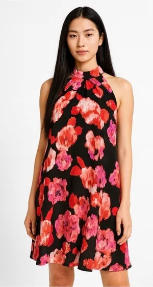 Gianni Bini Black One-Shoulder Halter Dress with Pink & Red Floral thumbnail 1