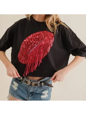 $60 NWOT Blue B. Black & Red Sequin Fringe Football Cropped T-Shirt L thumbnail 2