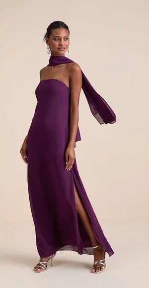 NWT Lulus Rawya Plum Purple Strapless Maxi Dress and Scarf Set Bridesmaid Sz XS thumbnail 1