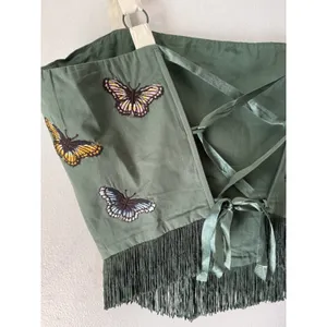 EDDY Green Floral Butterfly Needlepoint Fringe Crop Corset Top Size Large thumbnail 4