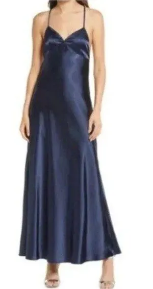 Lulus Dress One Last Glance Satin Backless Slip Dress Navy Blue Size Medium thumbnail 1