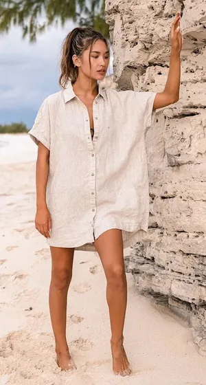 Rythmn Classic Beige‎ Linen Short Sleeve Shirt Dress thumbnail 1