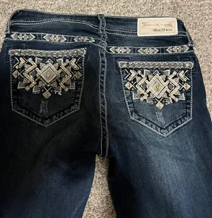 GRACE IN LA Mid Rise Medium Wash Aztec Embellished Pocket Bootcut Jeans thumbnail 3