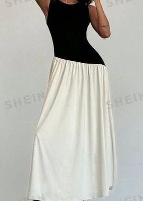 SHEIN Firerie Women's Sleeveless Ruched Waist Contrast Color Maxi Dress thumbnail 1