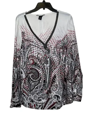 White House Black‎ Market Blouse Size Medium White Multi Floral Beaded Neckline thumbnail 1