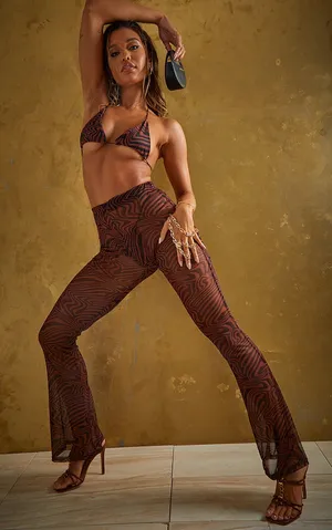 Brown Swirl Print Mesh Beach Flares thumbnail 1