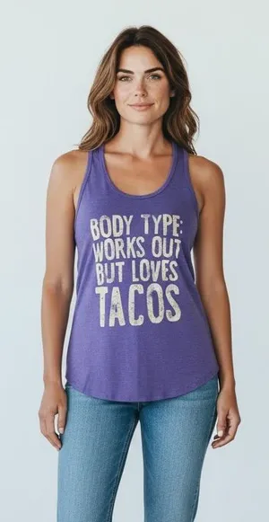 Purple & Gold Tank Top Body Type: Works Out But Loves Tacos thumbnail 1