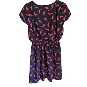 Peach Love California Dinosaur Print Dress Small Navy Orange Puff Sleeve Mini thumbnail 7