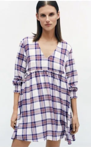 Zara White Red Blue Plaid V/Neck Fit& Flare Pleat Tunic Midi Dress Sz L thumbnail 1