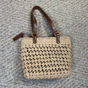 VTG Small Express Woven Straw Tote Bag Beige Leopard Print Lining Crochet Summer thumbnail 5