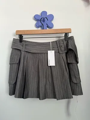 Reformation 6 NEW Brinley Mini Skirt Grey Stripe Academia Preppy Belted Grunge thumbnail 2