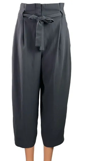 H&M Women's Gray Pleated High Waisted Tie Belt Cropped Paperbag Trouser Pants 2 thumbnail 1