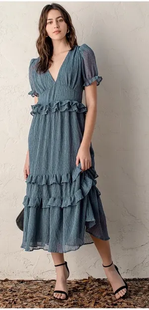 NWT Lulus Know Your Heart Midi Dress Medium Dusty Blue Polka Dot Ruffled thumbnail 1