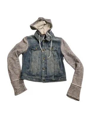 Free People | Distressed Knit Sleeve Denim Jacket S Grunge Hooded‎ Streetwear thumbnail 2