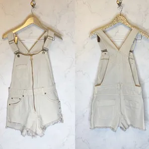 Free people white denim baggy overalls short jumper shortalls thumbnail 3
