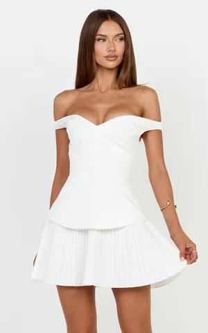New Showpo IZARA Mini Dress Off Shoulder Pleated Dress In Off White Size 8 thumbnail 5