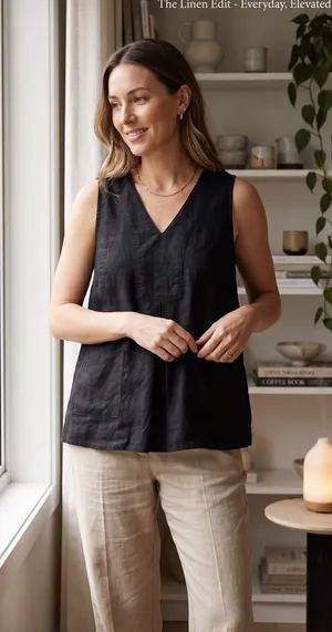 Croft & Barrow Womens XL Black Linen V-Neck Sleeveless Tank Top Pleated Bib thumbnail 1