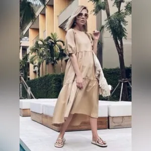ZARA Asymmetric Puff Sleeve Tiered Cotton Poplin Midi Dress‎ in Camel Size XS thumbnail 5