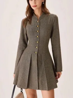 Rihoas Brown Button Pleated Mini Dress thumbnail 1