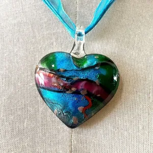 Blue heart glass blown pendant necklace on cord thumbnail 2