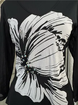 Express 3/4 sleeve Black Sheer Mesh Floral Rhinestone Bling V-Neck Top - Large thumbnail 2