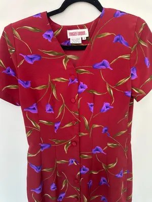 Maggy London Vintage 90s Red Floral Calla Lily Button Front Midi Dress Size 4 thumbnail 3