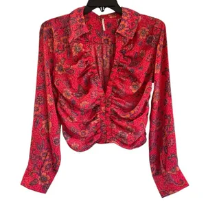 Free People Long Sleeve Floral V-Neck I Got You Printed Top Red Size Medium thumbnail 1